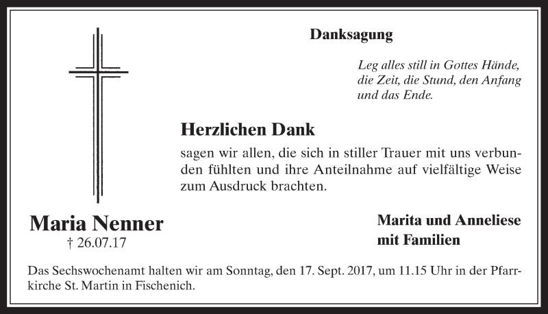  Traueranzeige für Maria Nenner vom 06.09.2017 aus  Wochenende 