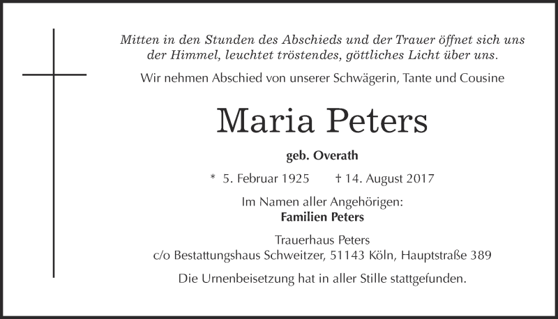  Traueranzeige für Maria Peters vom 06.09.2017 aus  Kölner Wochenspiegel 