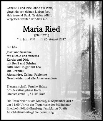 Anzeige von Maria Ried von Kölner Stadt-Anzeiger / Kölnische Rundschau / Express