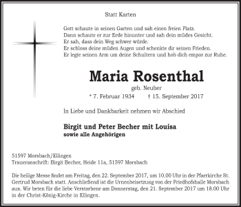 Anzeige von Maria Rosenthal von  Lokalanzeiger 