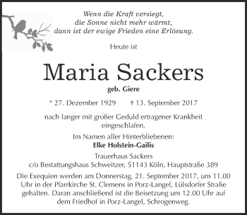Anzeige von Maria Sackers von  Kölner Wochenspiegel 