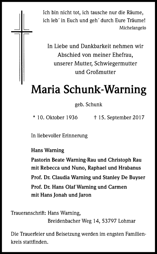  Traueranzeige für Maria Schunk-Warning vom 20.09.2017 aus Kölner Stadt-Anzeiger / Kölnische Rundschau / Express