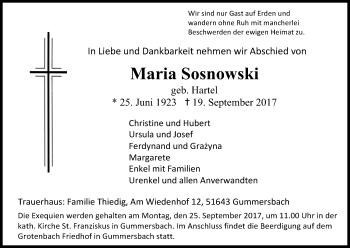 Anzeige von Maria Sosnowski von Kölner Stadt-Anzeiger / Kölnische Rundschau / Express