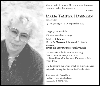 Anzeige von Maria Tampier-Hasenbein von Kölner Stadt-Anzeiger / Kölnische Rundschau / Express