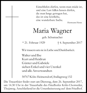 Anzeige von Maria Wagner von Kölner Stadt-Anzeiger / Kölnische Rundschau / Express