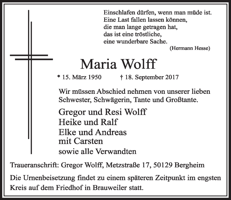  Traueranzeige für Maria Wolff vom 30.09.2017 aus  Sonntags-Post 