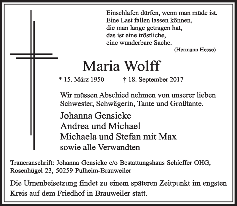  Traueranzeige für Maria Wolff vom 23.09.2017 aus  Sonntags-Post 