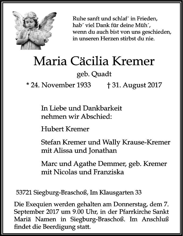  Traueranzeige für Maria Cäcilia Kremer vom 04.09.2017 aus Kölner Stadt-Anzeiger / Kölnische Rundschau / Express