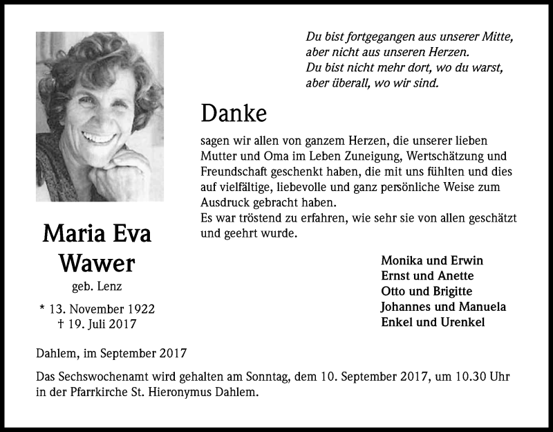  Traueranzeige für Maria Eva Wawer vom 06.09.2017 aus Kölner Stadt-Anzeiger / Kölnische Rundschau / Express