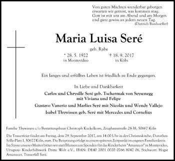 Anzeige von Maria Luisa Seré von Kölner Stadt-Anzeiger / Kölnische Rundschau / Express