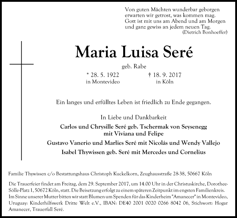  Traueranzeige für Maria Luisa Seré vom 22.09.2017 aus Kölner Stadt-Anzeiger / Kölnische Rundschau / Express