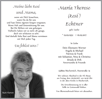 Anzeige von Maria Therese Echtner von  Blickpunkt Euskirchen 