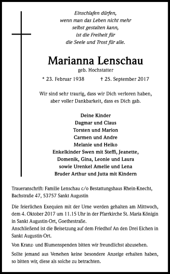 Anzeige von Marianna Lenschau von Kölner Stadt-Anzeiger / Kölnische Rundschau / Express