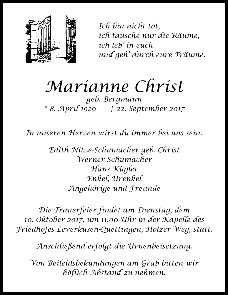  Traueranzeige für Marianne Christ vom 30.09.2017 aus Kölner Stadt-Anzeiger / Kölnische Rundschau / Express