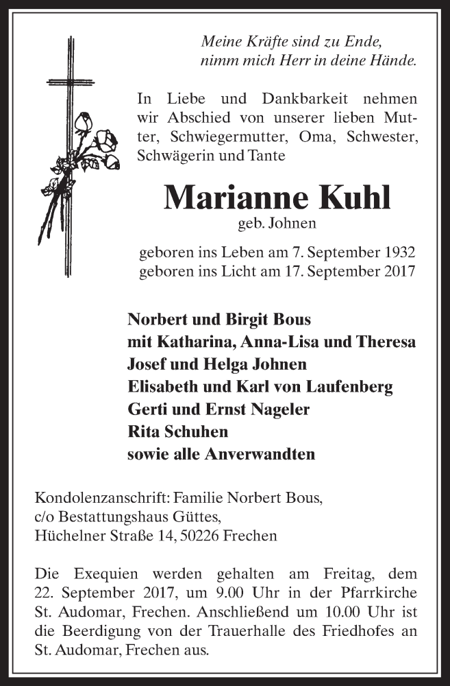  Traueranzeige für Marianne Kuhl vom 20.09.2017 aus  Wochenende 