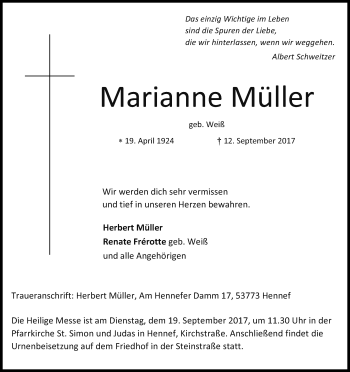 Anzeige von Marianne Müller von Kölner Stadt-Anzeiger / Kölnische Rundschau / Express