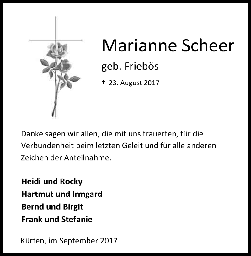  Traueranzeige für Marianne Scheer vom 30.09.2017 aus Kölner Stadt-Anzeiger / Kölnische Rundschau / Express