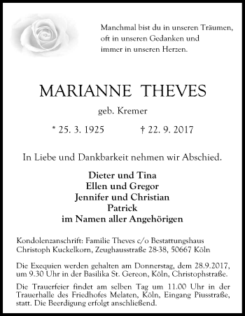Anzeige von Marianne Theves von Kölner Stadt-Anzeiger / Kölnische Rundschau / Express