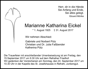 Anzeige von Marianne Katharina Eickel von Kölner Stadt-Anzeiger / Kölnische Rundschau / Express