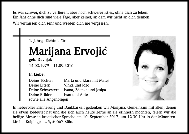  Traueranzeige für Marijana Ervojic vom 09.09.2017 aus Kölner Stadt-Anzeiger / Kölnische Rundschau / Express