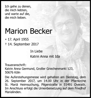 Anzeige von Marion Becker von Kölner Stadt-Anzeiger / Kölnische Rundschau / Express