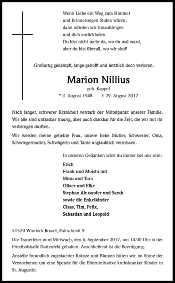 Anzeige von Marion Nillius von Kölner Stadt-Anzeiger / Kölnische Rundschau / Express