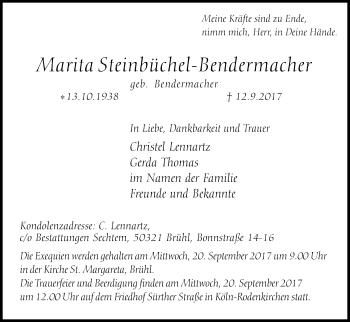 Anzeige von Marita Steinbüchel-Bendermacher von Kölner Stadt-Anzeiger / Kölnische Rundschau / Express