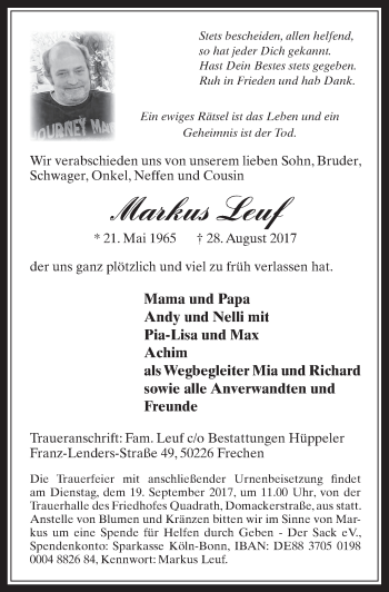 Anzeige von Markus Leuf von  Wochenende  Werbepost 