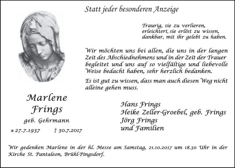  Traueranzeige für Marlene Frings vom 13.09.2017 aus  Schlossbote/Werbekurier 