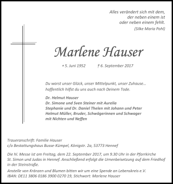 Anzeige von Marlene Hauser von Kölner Stadt-Anzeiger / Kölnische Rundschau / Express