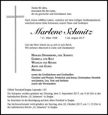 Anzeige von Marlene Schmitz von Kölner Stadt-Anzeiger / Kölnische Rundschau / Express