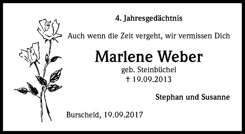 Traueranzeige für Marlene Weber vom 19.09.2017 aus Kölner Stadt-Anzeiger / Kölnische Rundschau / Express