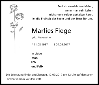 Anzeige von Marlies Fiege von Kölner Stadt-Anzeiger / Kölnische Rundschau / Express