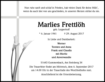 Anzeige von Marlies Frettlöh von Kölner Stadt-Anzeiger / Kölnische Rundschau / Express