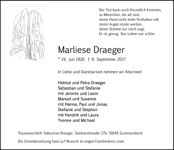Anzeige von Marliese Draeger von  Anzeigen Echo 