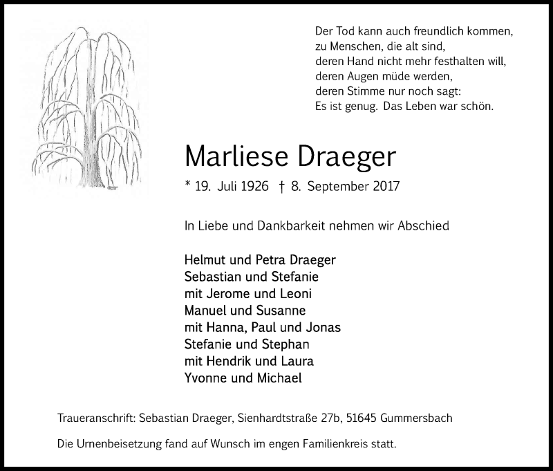  Traueranzeige für Marliese Draeger vom 23.09.2017 aus Kölner Stadt-Anzeiger / Kölnische Rundschau / Express