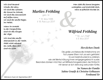 Anzeige von Marlies und Wilfried Fröhling von Kölner Stadt-Anzeiger / Kölnische Rundschau / Express