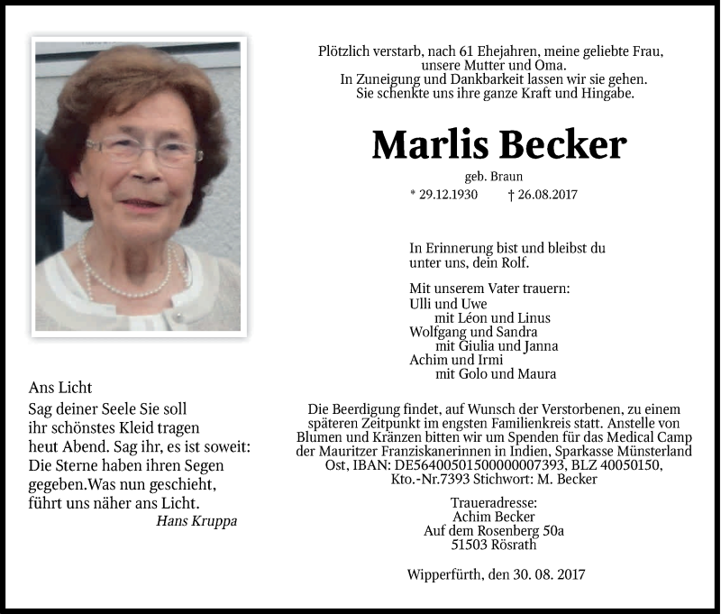  Traueranzeige für Marlis Becker vom 02.09.2017 aus Kölner Stadt-Anzeiger / Kölnische Rundschau / Express