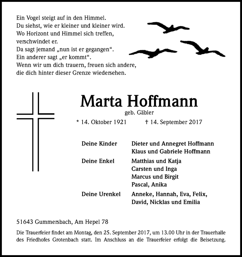  Traueranzeige für Marta Hoffmann vom 20.09.2017 aus Kölner Stadt-Anzeiger / Kölnische Rundschau / Express