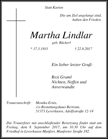 Anzeige von Martha Lindlar von Kölner Stadt-Anzeiger / Kölnische Rundschau / Express