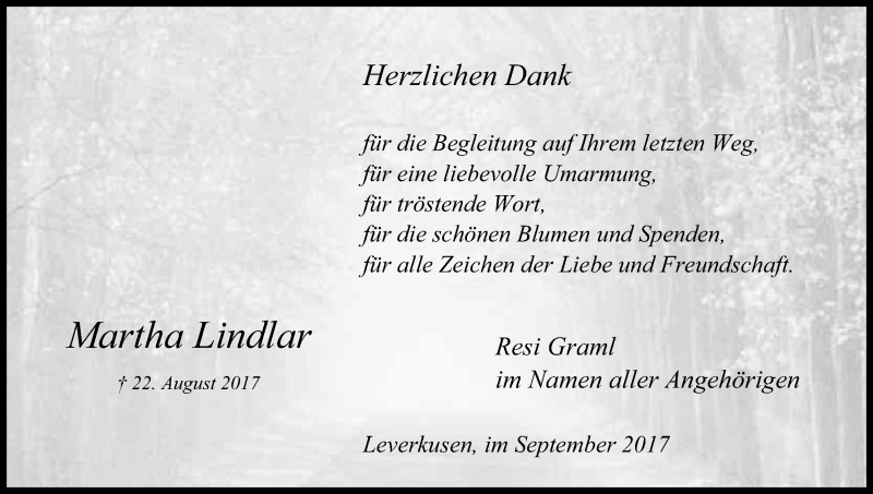  Traueranzeige für Martha Lindlar vom 30.09.2017 aus Kölner Stadt-Anzeiger / Kölnische Rundschau / Express