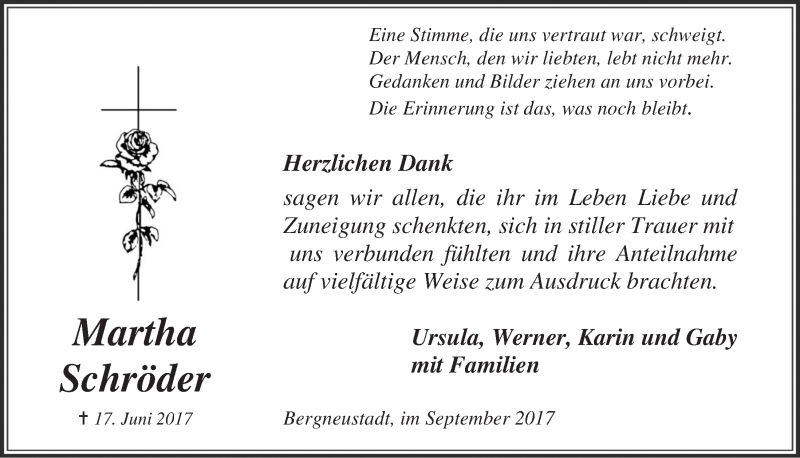  Traueranzeige für Martha Schröder vom 13.09.2017 aus  Anzeigen Echo 