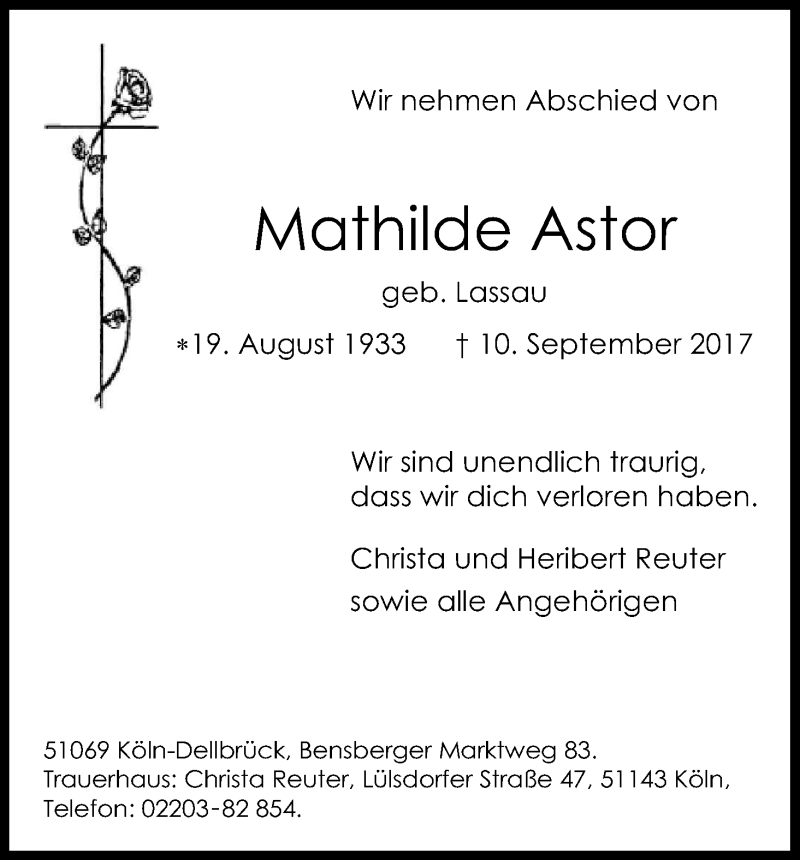  Traueranzeige für Mathilde Astor vom 16.09.2017 aus Kölner Stadt-Anzeiger / Kölnische Rundschau / Express