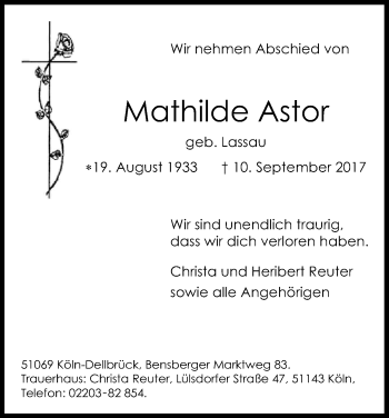 Anzeige von Mathilde Astor von Kölner Stadt-Anzeiger / Kölnische Rundschau / Express