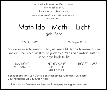 Anzeige von Mathilde Licht von Kölner Stadt-Anzeiger / Kölnische Rundschau / Express