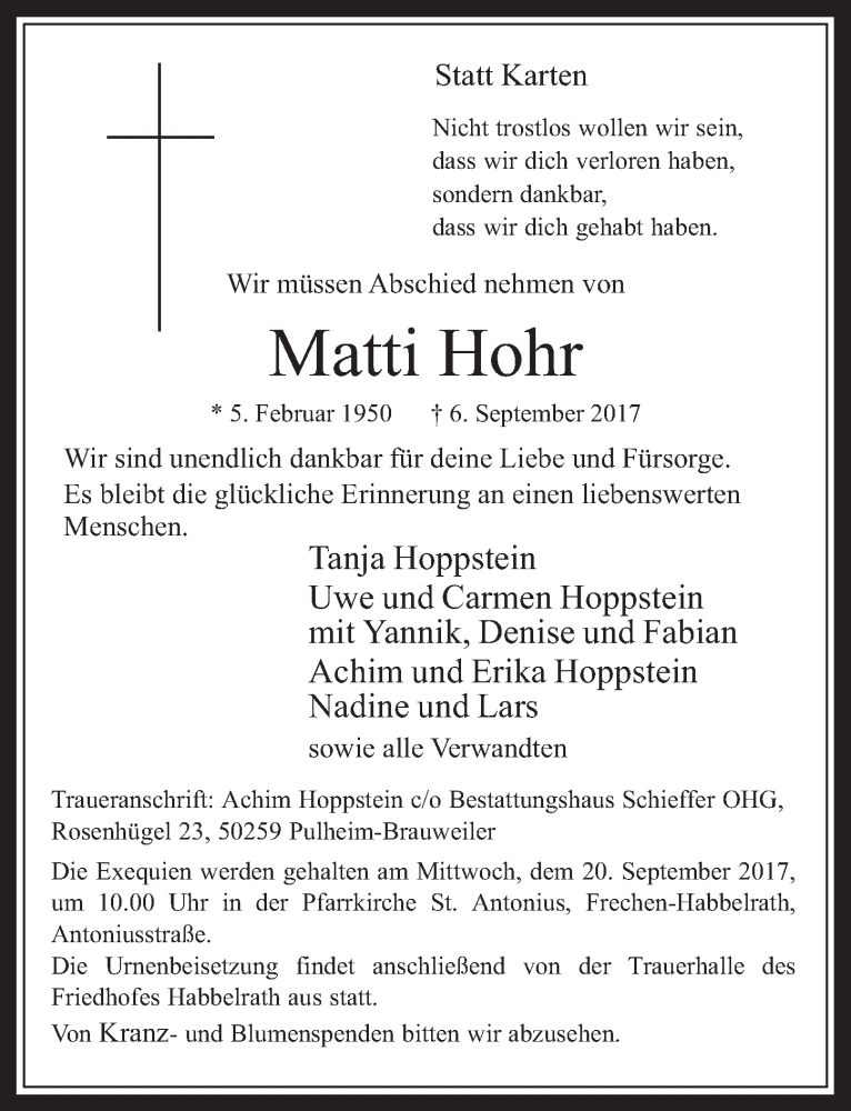  Traueranzeige für Matti Hohr vom 13.09.2017 aus  Wochenende 