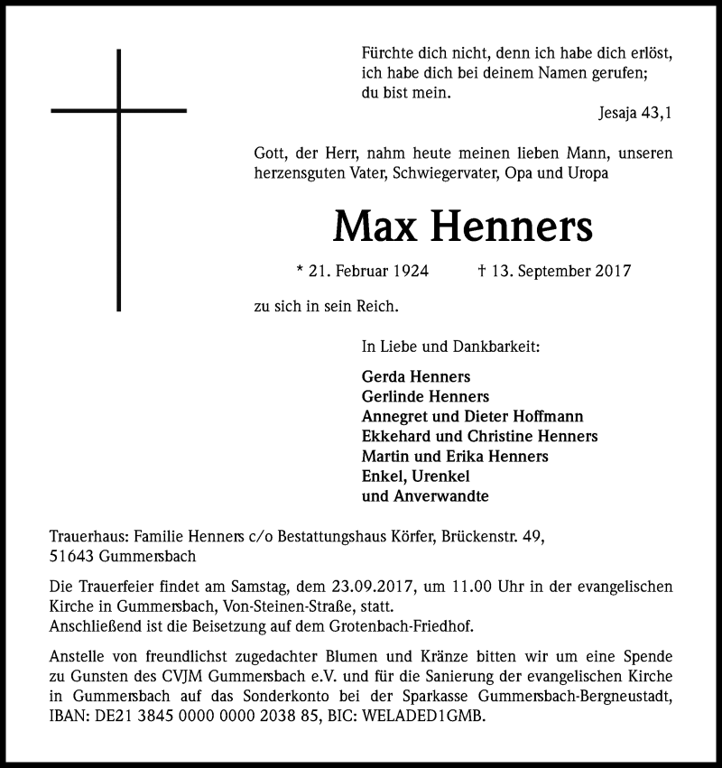  Traueranzeige für Max Henners vom 16.09.2017 aus Kölner Stadt-Anzeiger / Kölnische Rundschau / Express
