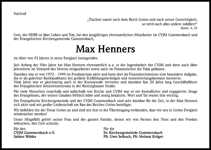  Traueranzeige für Max Henners vom 22.09.2017 aus Kölner Stadt-Anzeiger / Kölnische Rundschau / Express