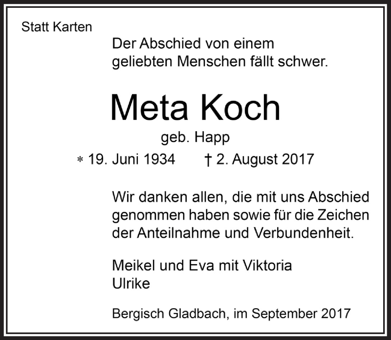  Traueranzeige für Meta Koch vom 06.09.2017 aus  Bergisches Handelsblatt 
