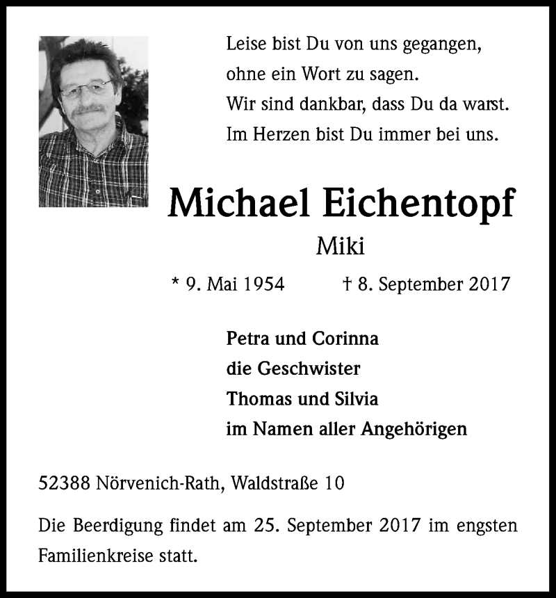  Traueranzeige für Michael Eichentopf vom 23.09.2017 aus Kölner Stadt-Anzeiger / Kölnische Rundschau / Express